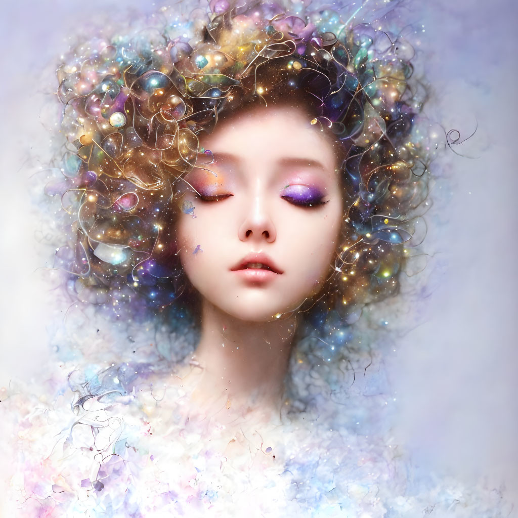 Surreal portrait of a person with cosmic-themed hairstyle and vibrant makeup