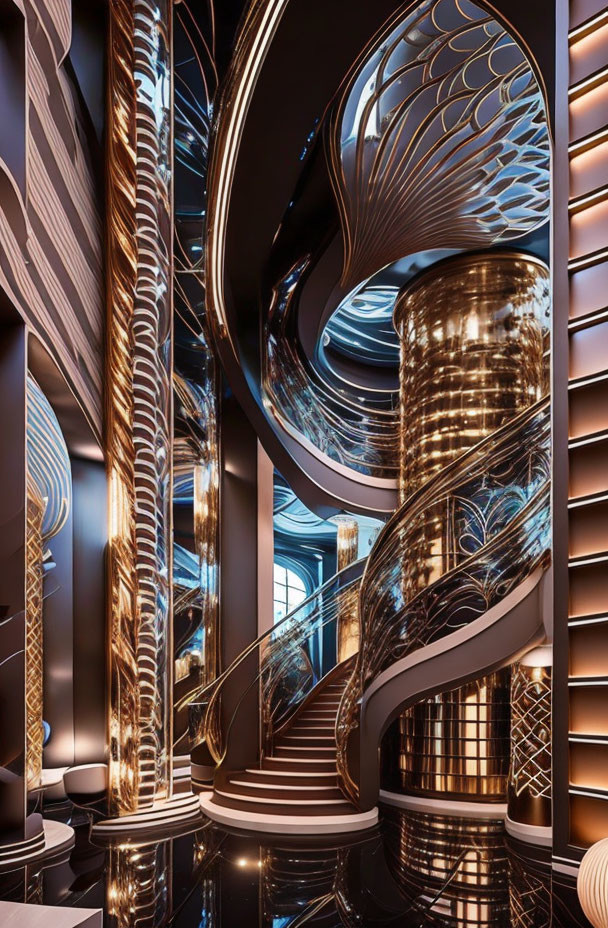 Luxurious Interior with Elaborate Spiral Staircase and Ornate Metal Balustrades