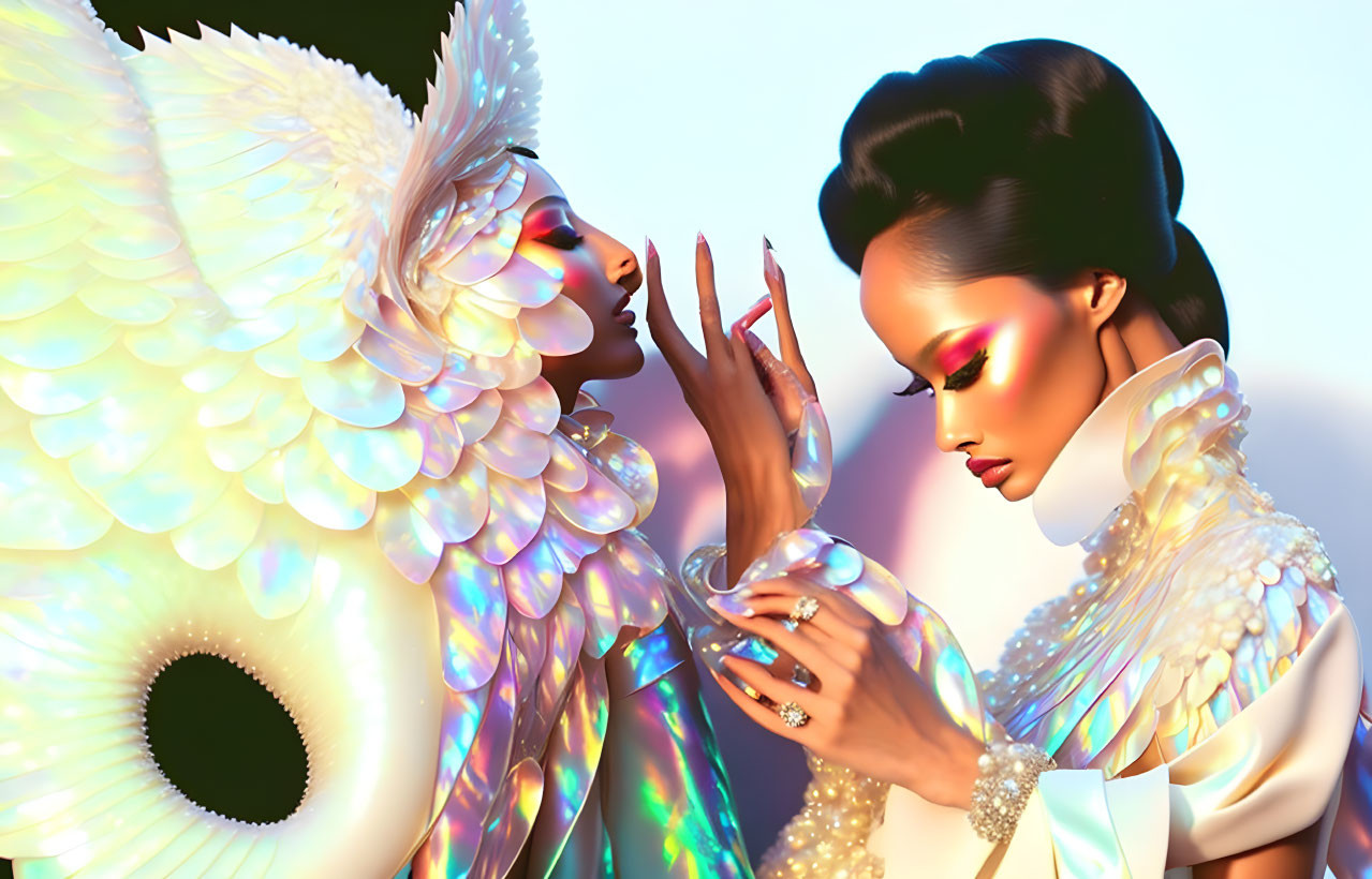 Surreal image: Woman with elegant makeup and angelic figure touching hands