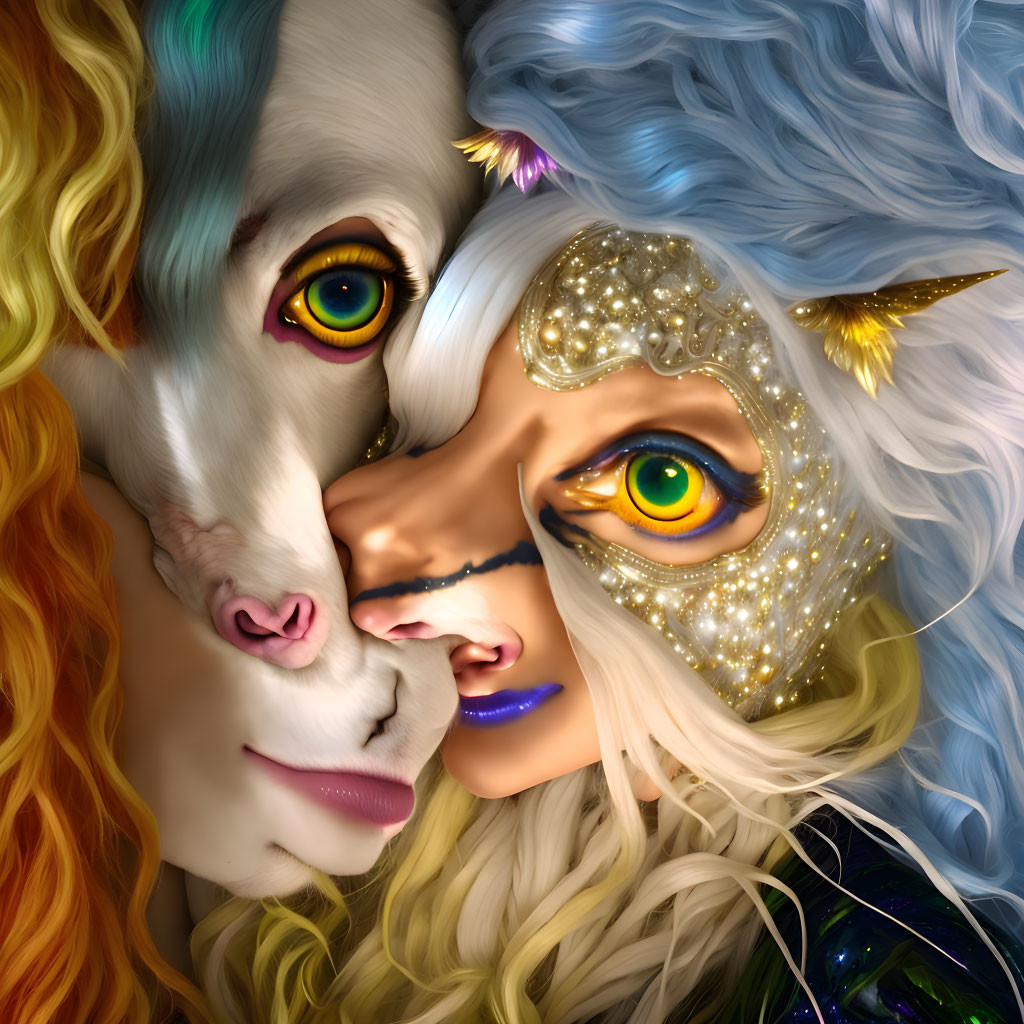 Fantastical close-up: Woman and lion-like creature with vibrant yellow eyes and ornate markings