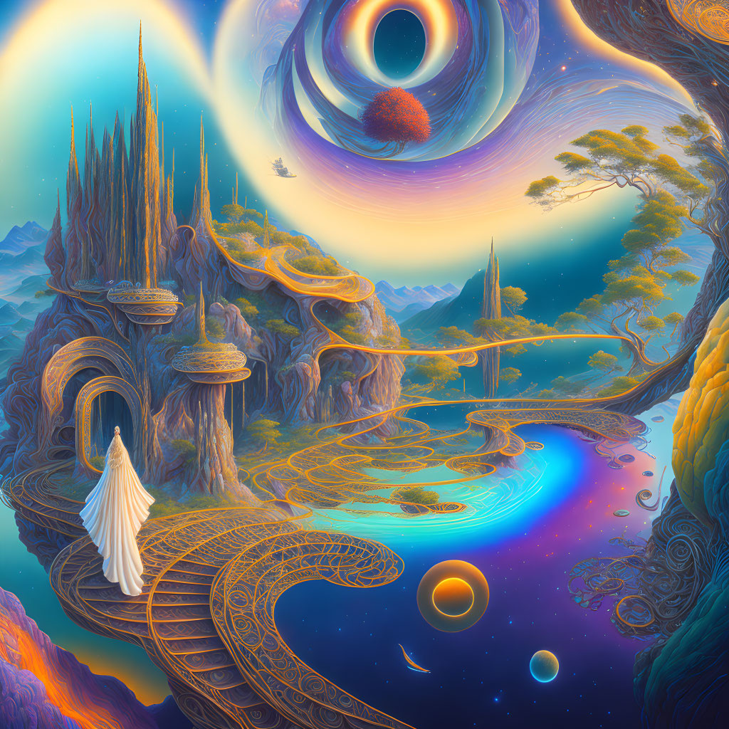 Surreal landscape with robed figure, fantastical structures, vibrant foliage, celestial bodies