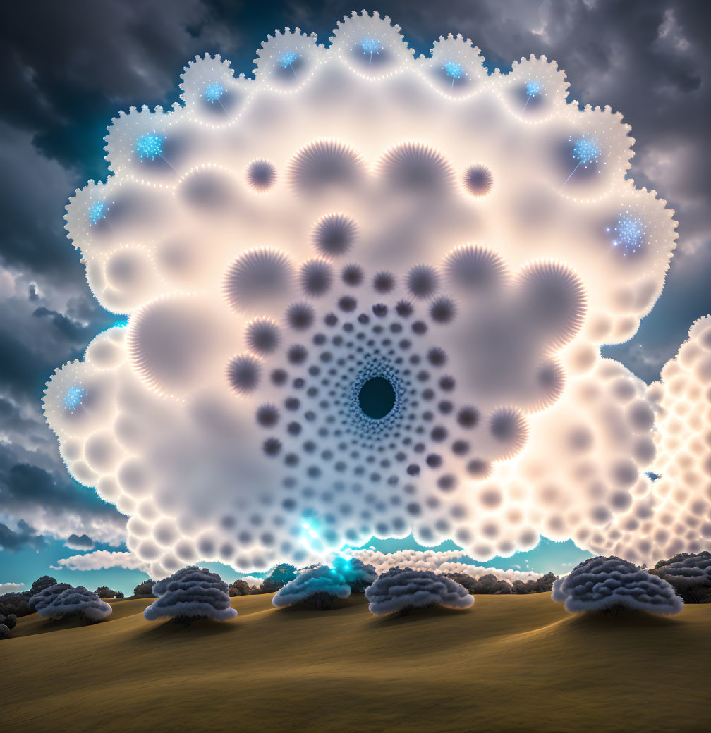 Fractal Clouds Mandala Over Barren Landscape