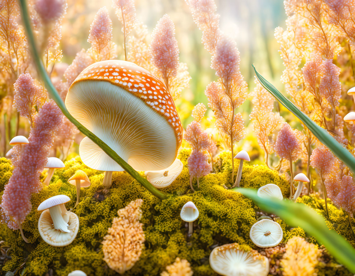 Colorful Mushroom Surrounded by Smaller Mushrooms and Golden Plants