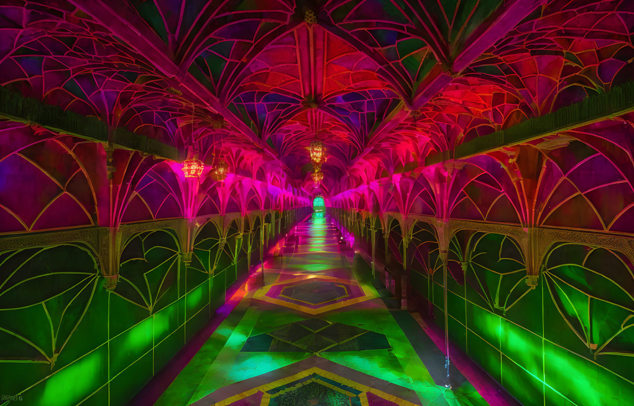 Neon-colored arched corridor with intricate patterns