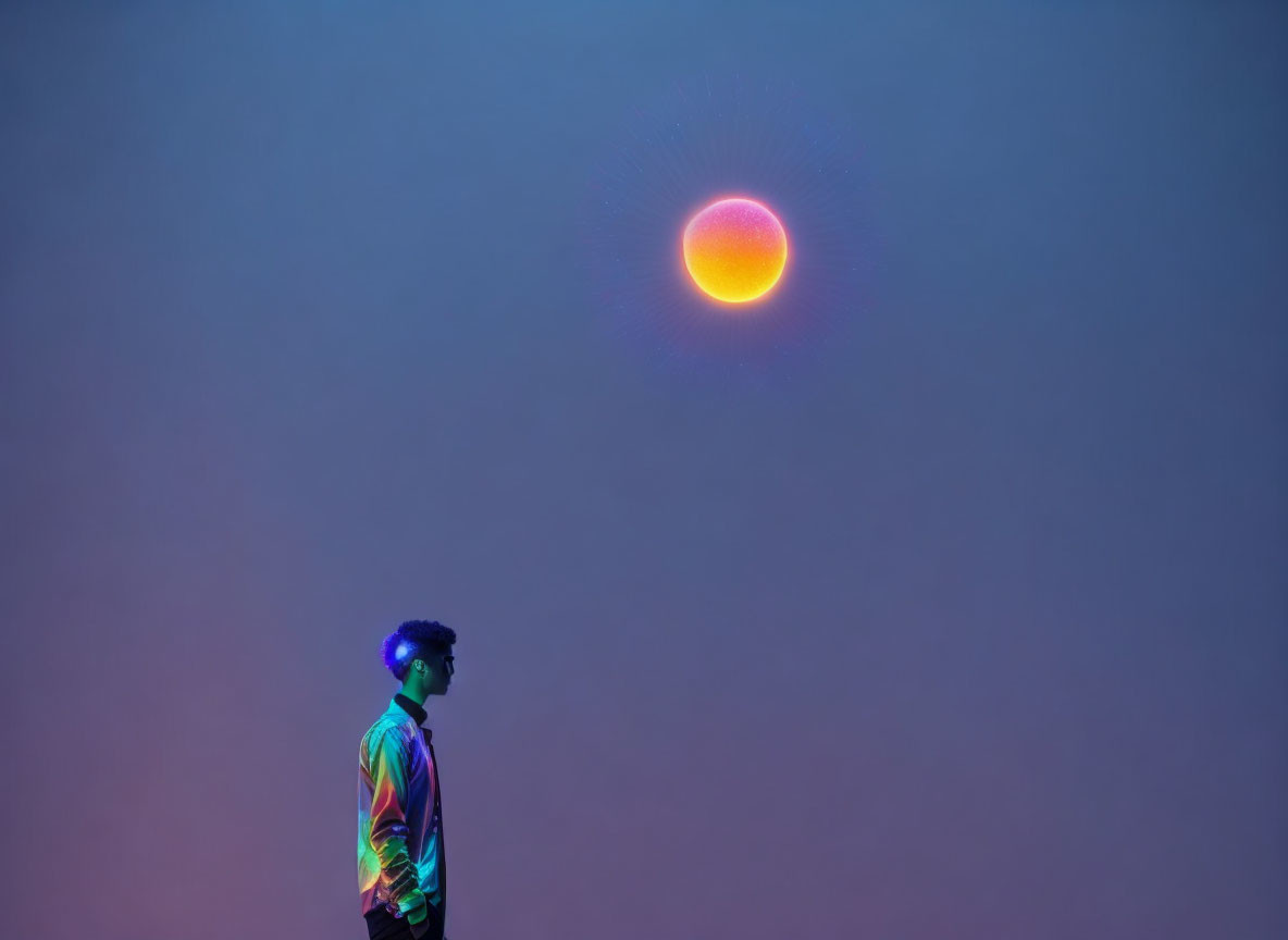 Colorful Silhouette Contemplating Bright Orb in Violet Sky