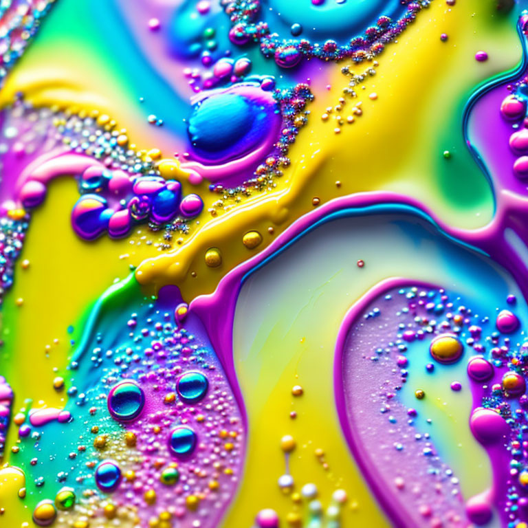 Colorful Abstract Swirls with Liquid Beads on Vibrant Surface