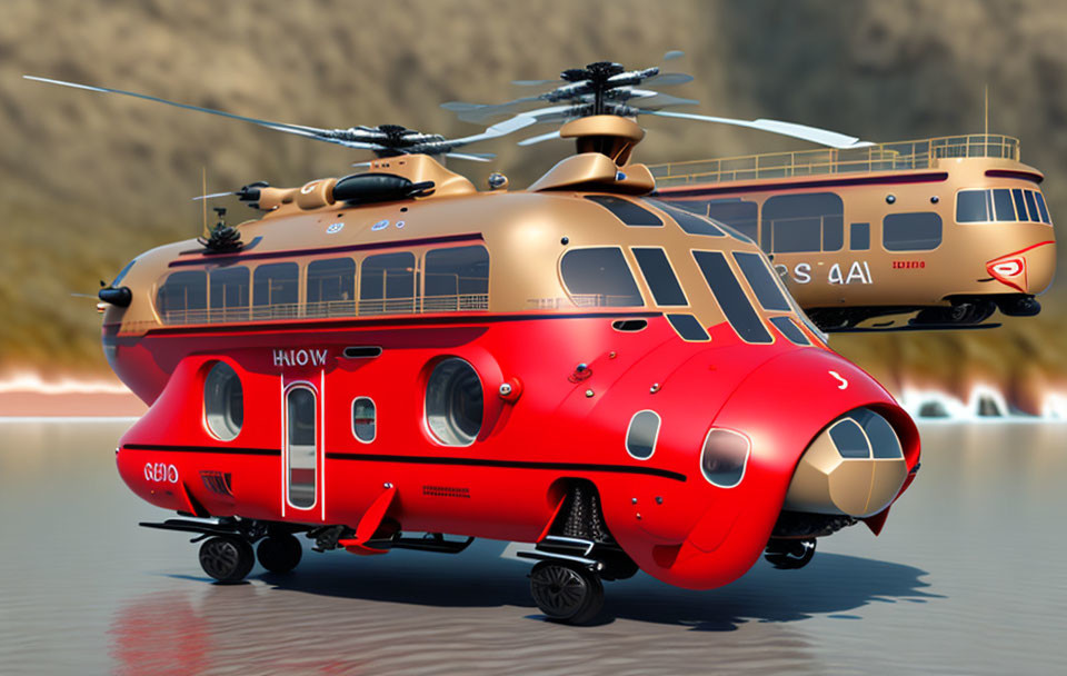 Red and Gold Futuristic Helicopter with Dual Rotors and Train in Background