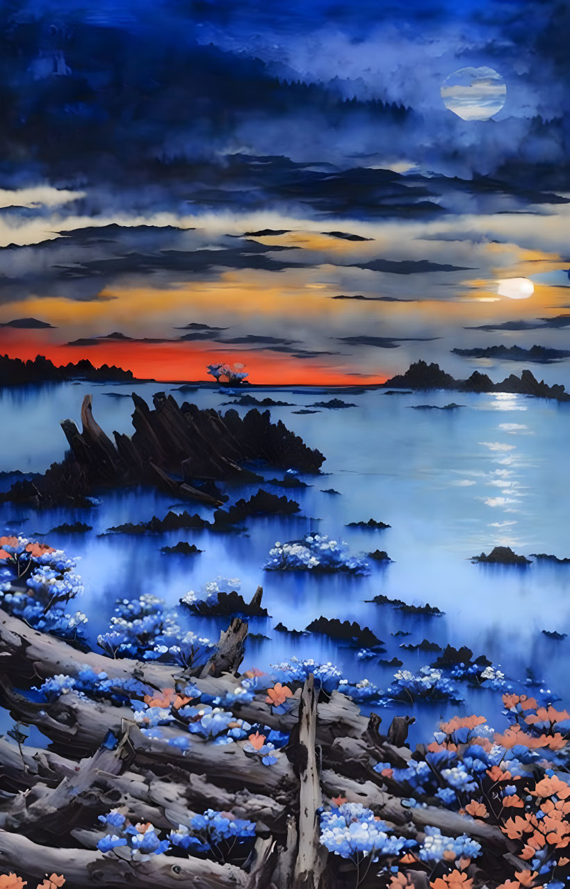 Night landscape painting with full moon and water reflection in vibrant colors