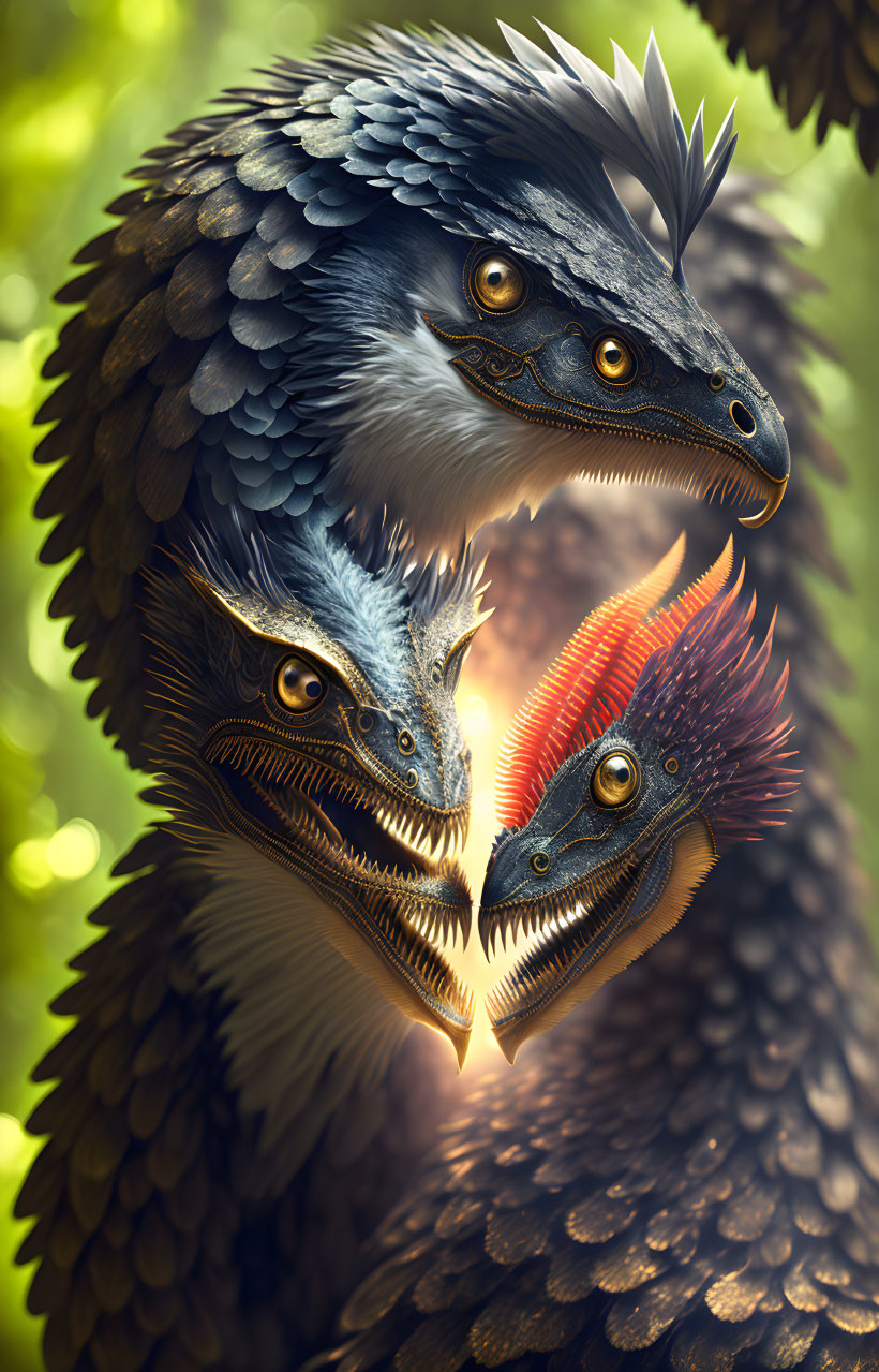 Detailed fantasy bird heads with reptilian features and vibrant plumage against green background