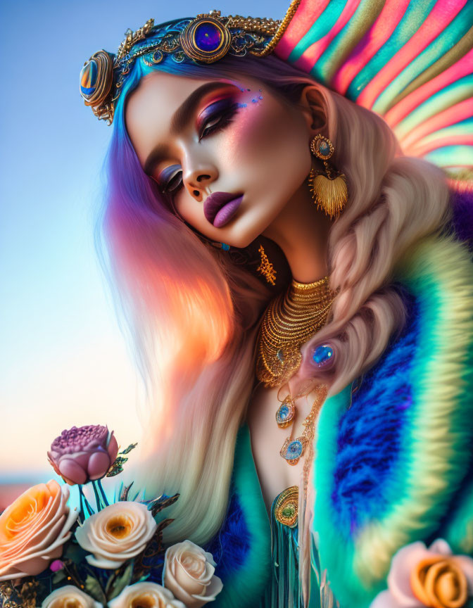 Colorful portrait of a woman with pastel hair and gold jewelry