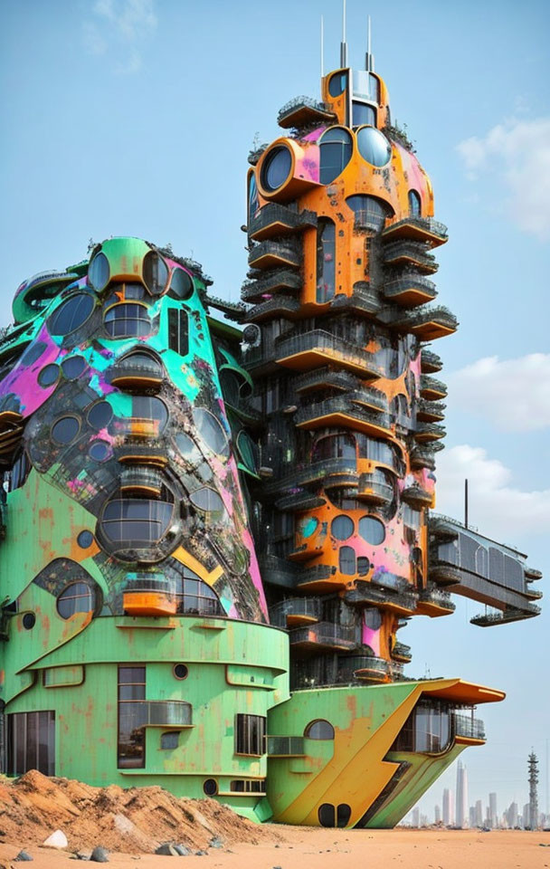 Multicolored high-rise building with organic shapes and protruding balconies against desert backdrop