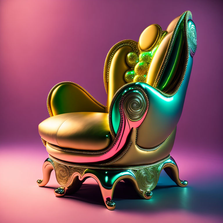 Colorful surreal armchair with iridescent surfaces on pink and purple gradient background