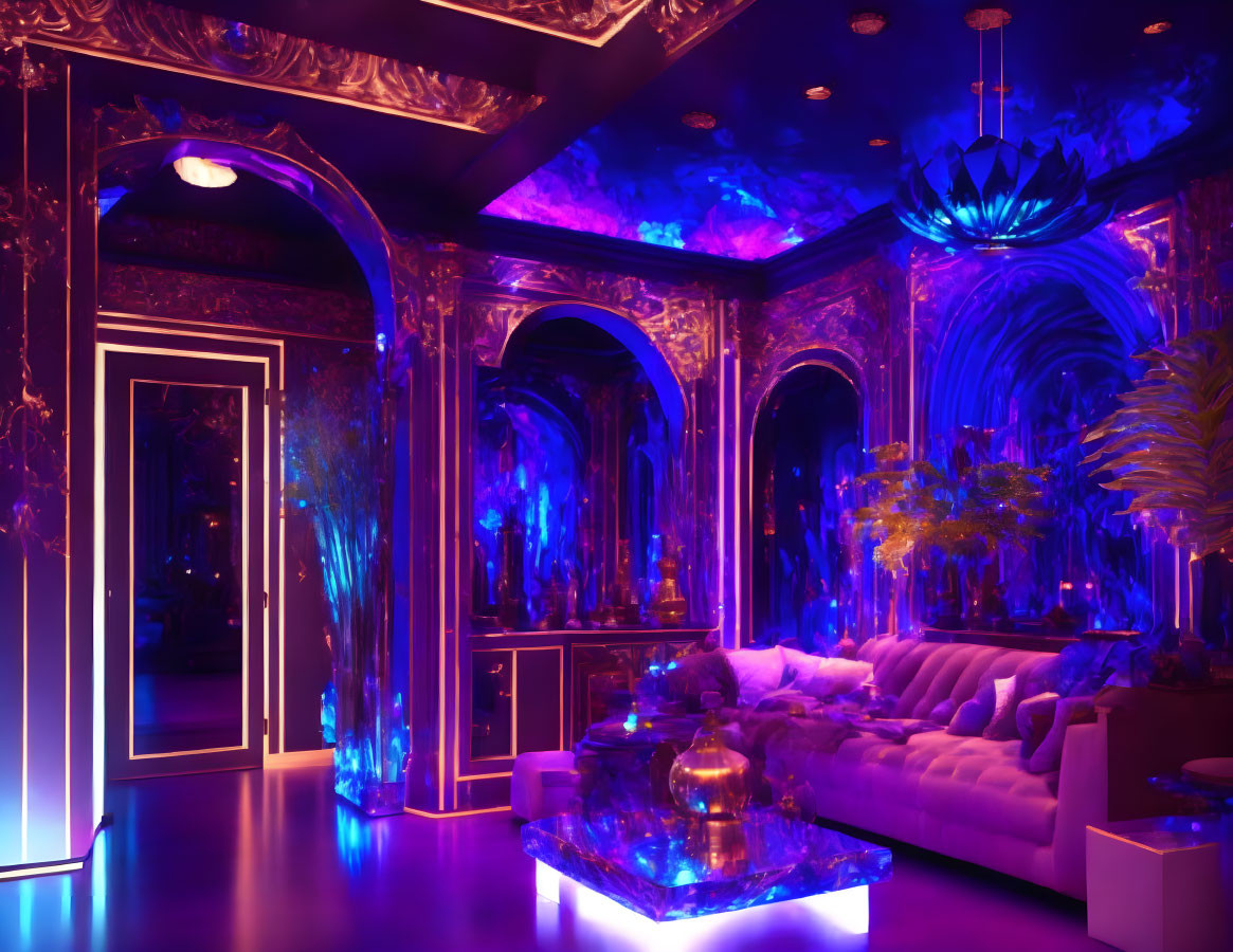 Elegant interior design with purple and blue lighting, ornate archways, reflective ceiling, chandelier