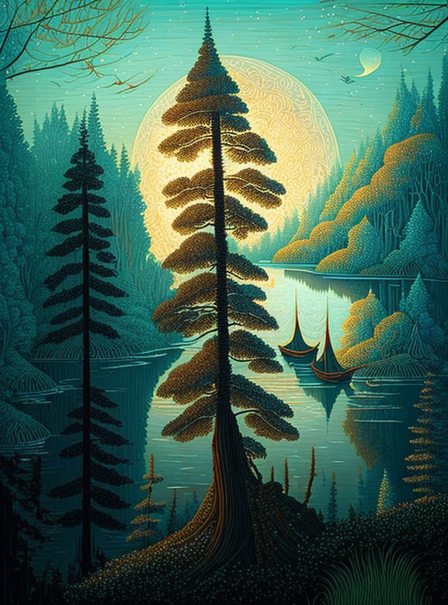 Tranquil forest night scene with towering pine tree, full moon, and lake boats