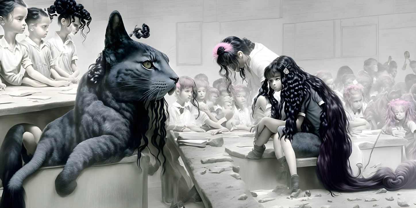 Surreal black-and-white art of giant cat in classroom with girls and animal features