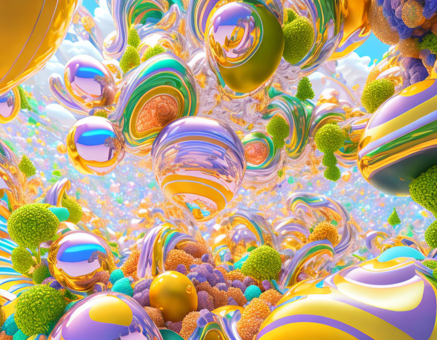 Colorful surreal landscape with glossy spheres and swirling patterns