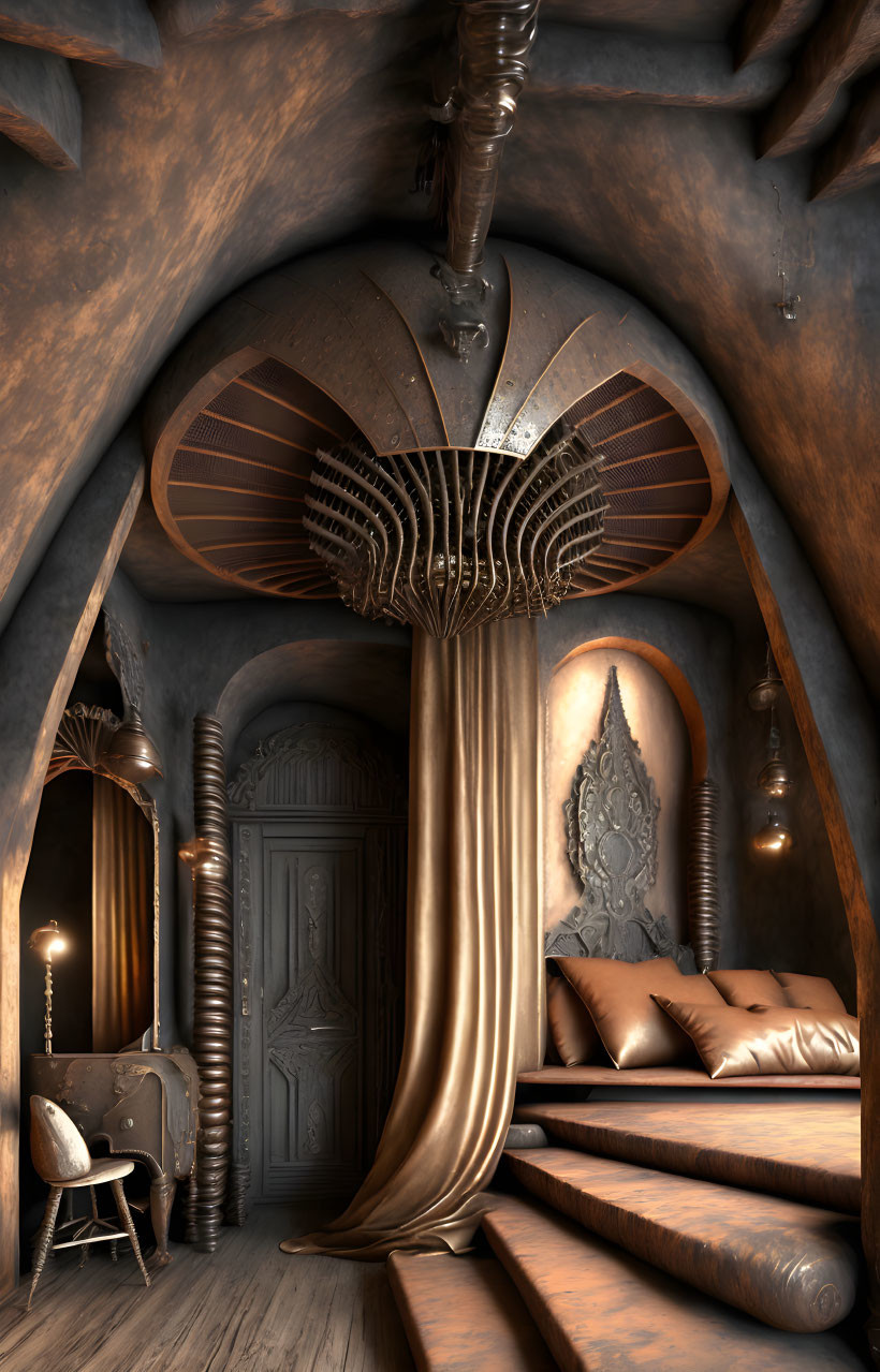 Fantastical room with wooden architecture and ornate throne.