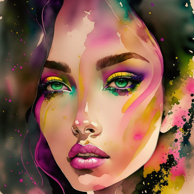 Colorful watercolor portrait of a woman with vibrant makeup and green eyes