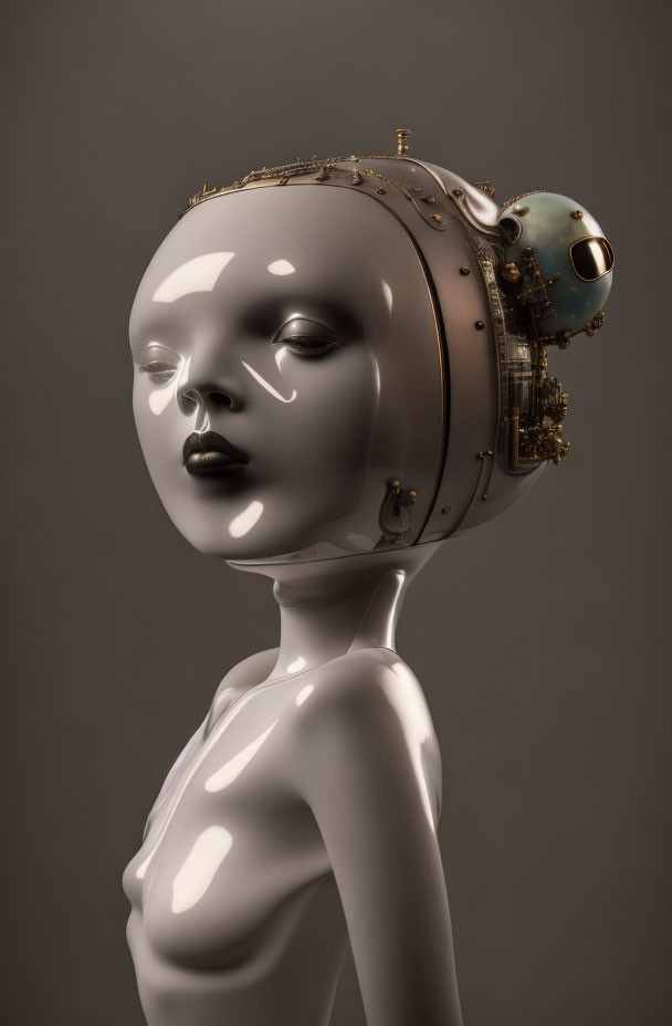 Sleek humanoid robot with open chamber head and mechanical parts visible