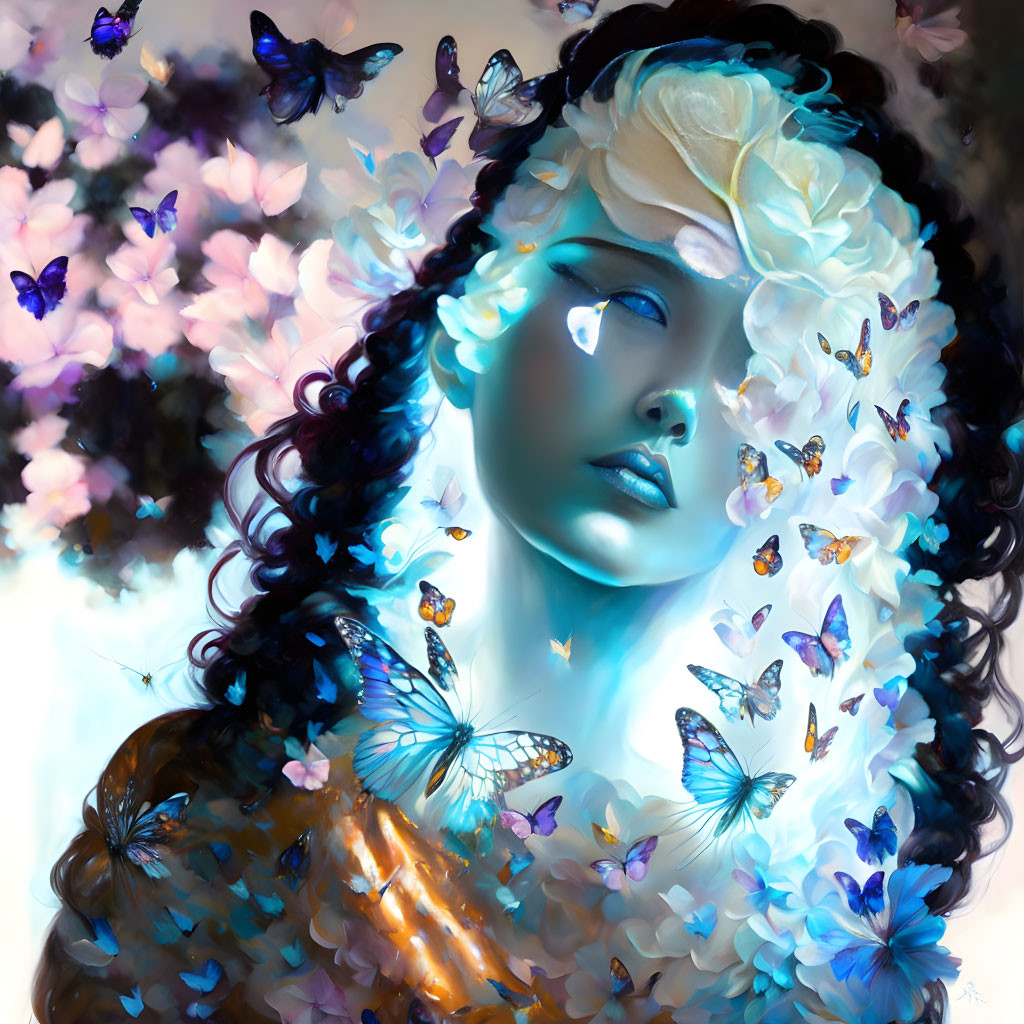 Surreal artwork of blindfolded woman with flowers and butterflies