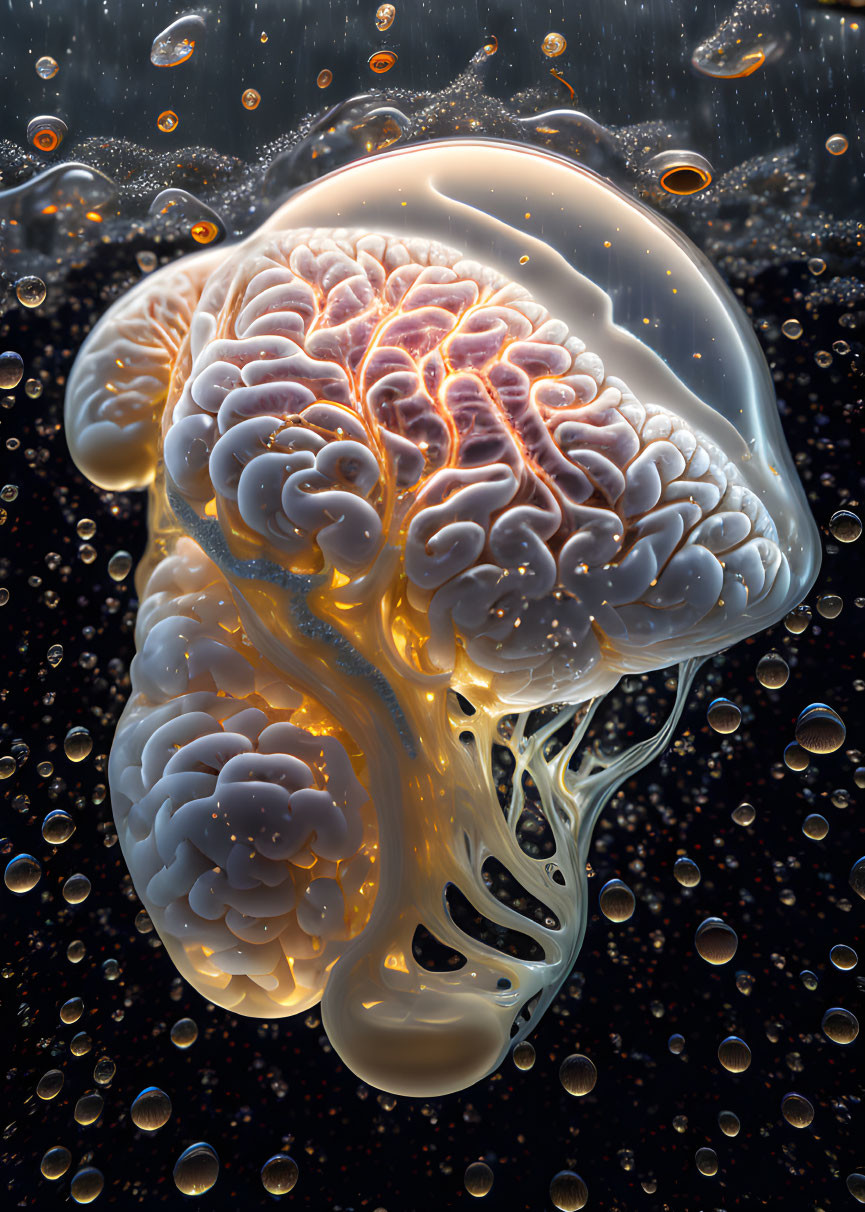 Human brain illustration with neuron-like tentacles in amber liquid - surreal underwater theme