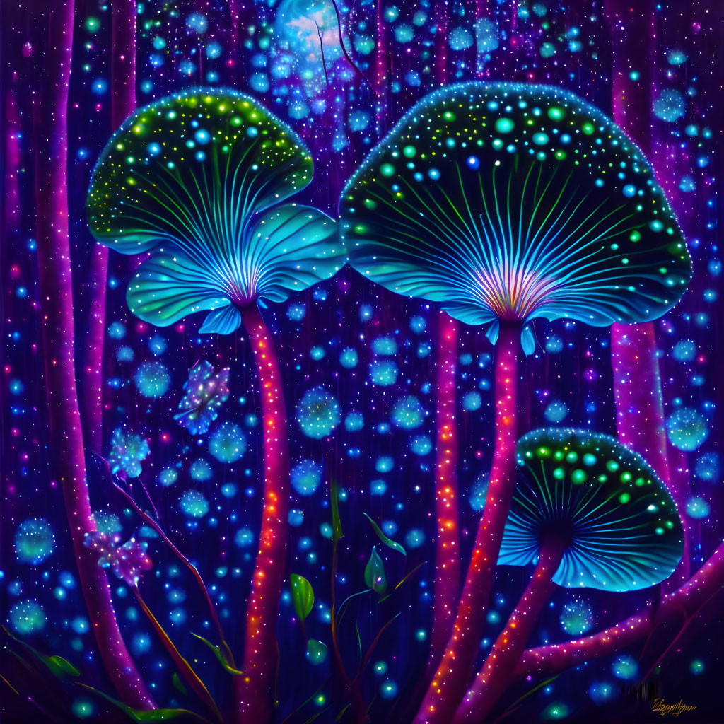 Colorful Neon Mushrooms in Starlit Forest Scene