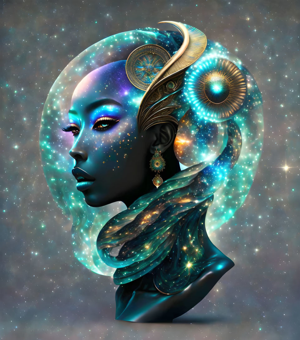 Cosmic-themed digital artwork of woman with galaxy patterns and stars.