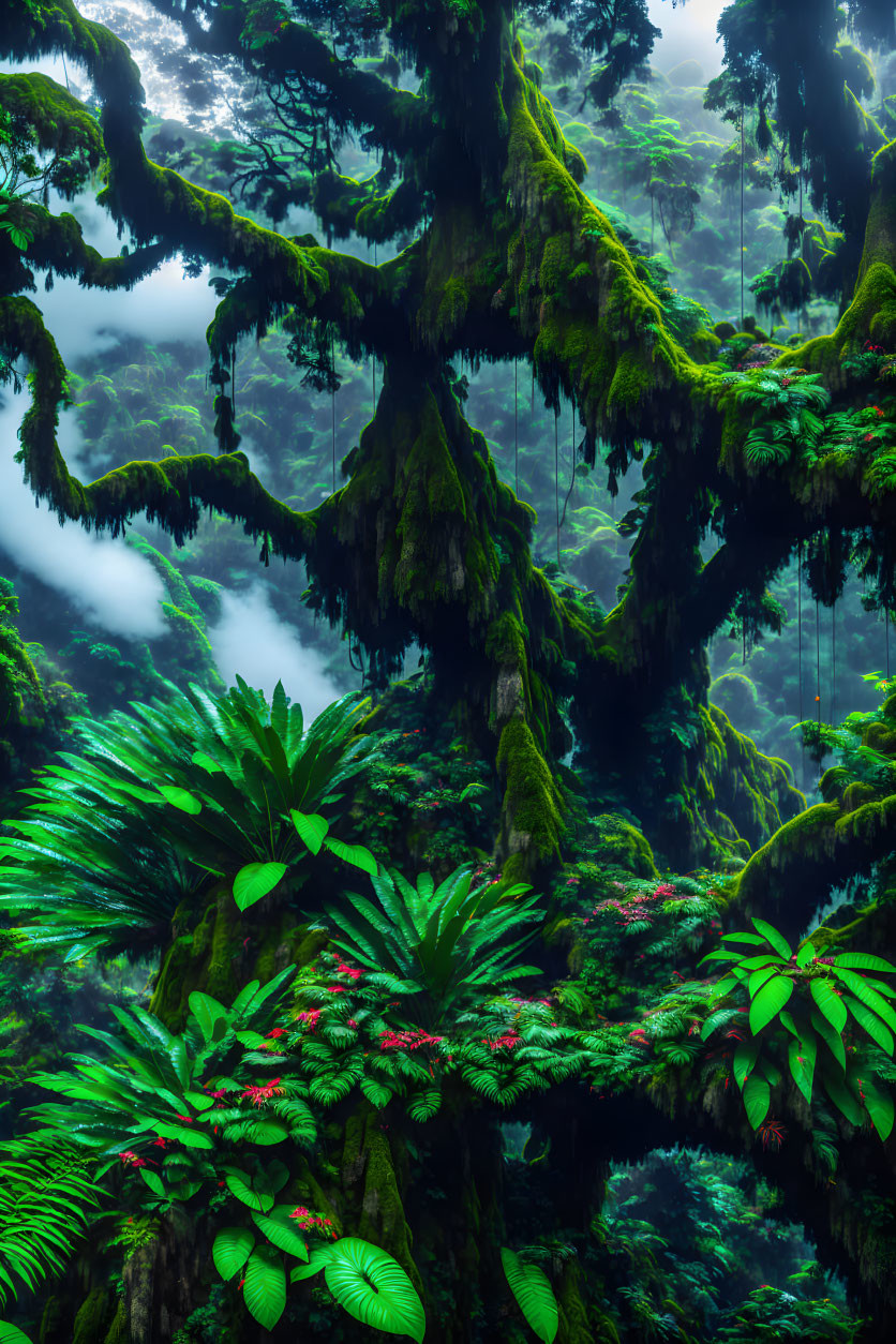 Lush Green Rainforest with Moss-Covered Trees and Vibrant Ferns