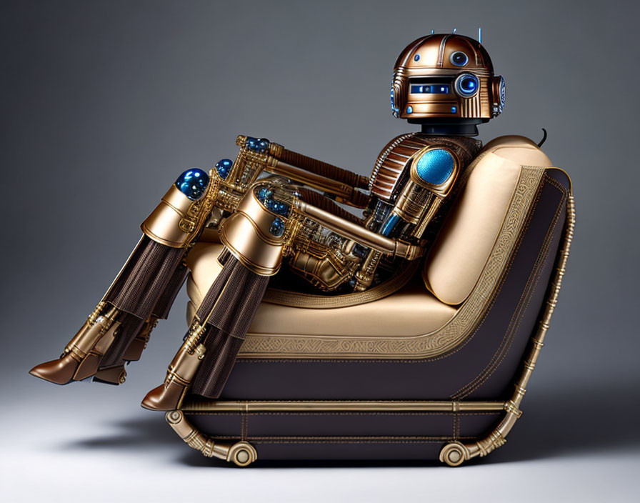 Detailed Steampunk Robot on Vintage Chaise Lounge