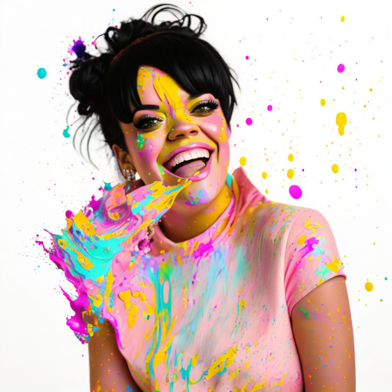 Colorful Paint Splatter Woman Laughing on White Background