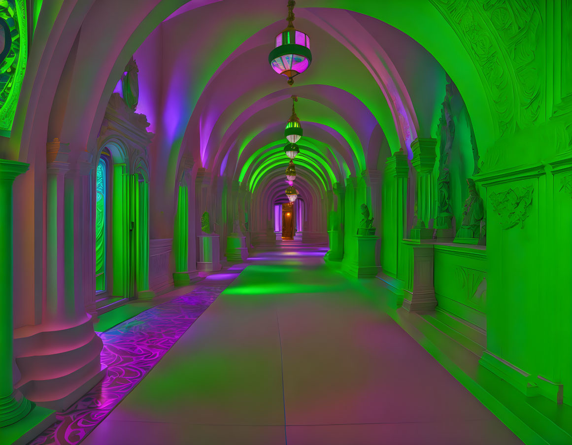 Colorful Arched Ceiling Hallway with Lanterns and Wall Niches