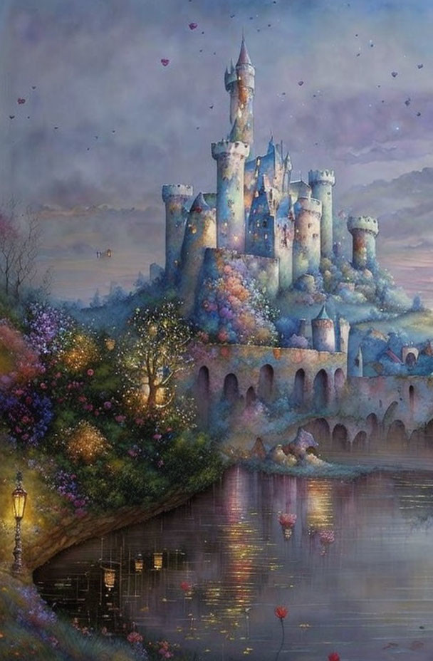 Enchanting castle surrounded by blooming flora, tranquil lake, twilight sky, floating lanterns,