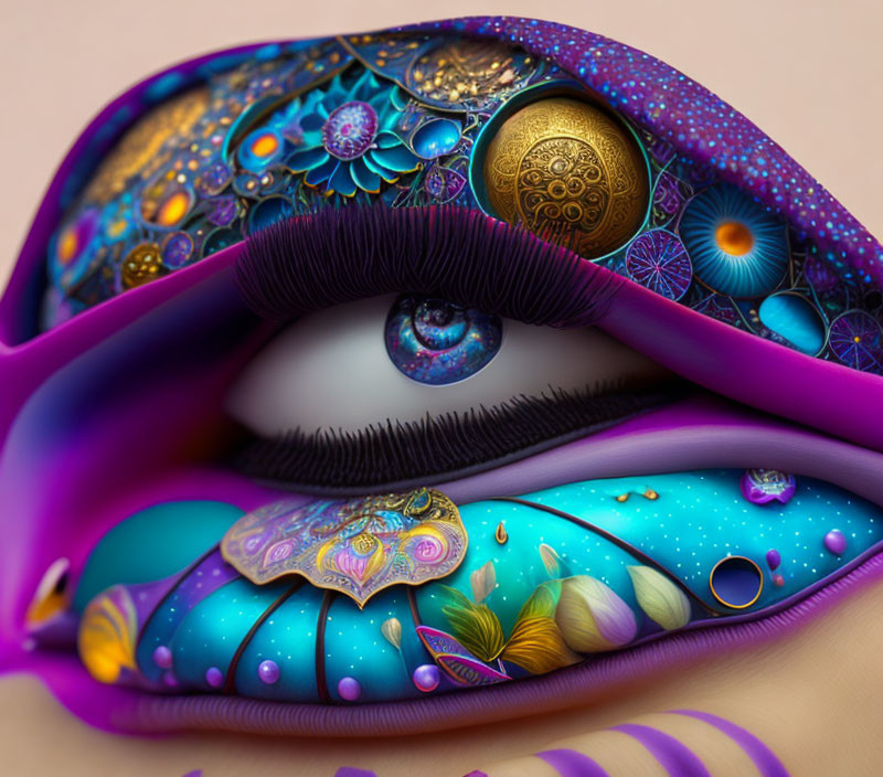 Colorful digital eye art with cosmic and floral patterns