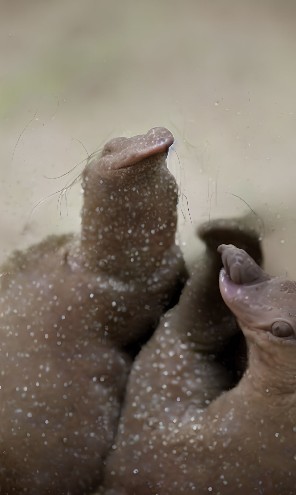 Wet hippos with open mouths in interaction.