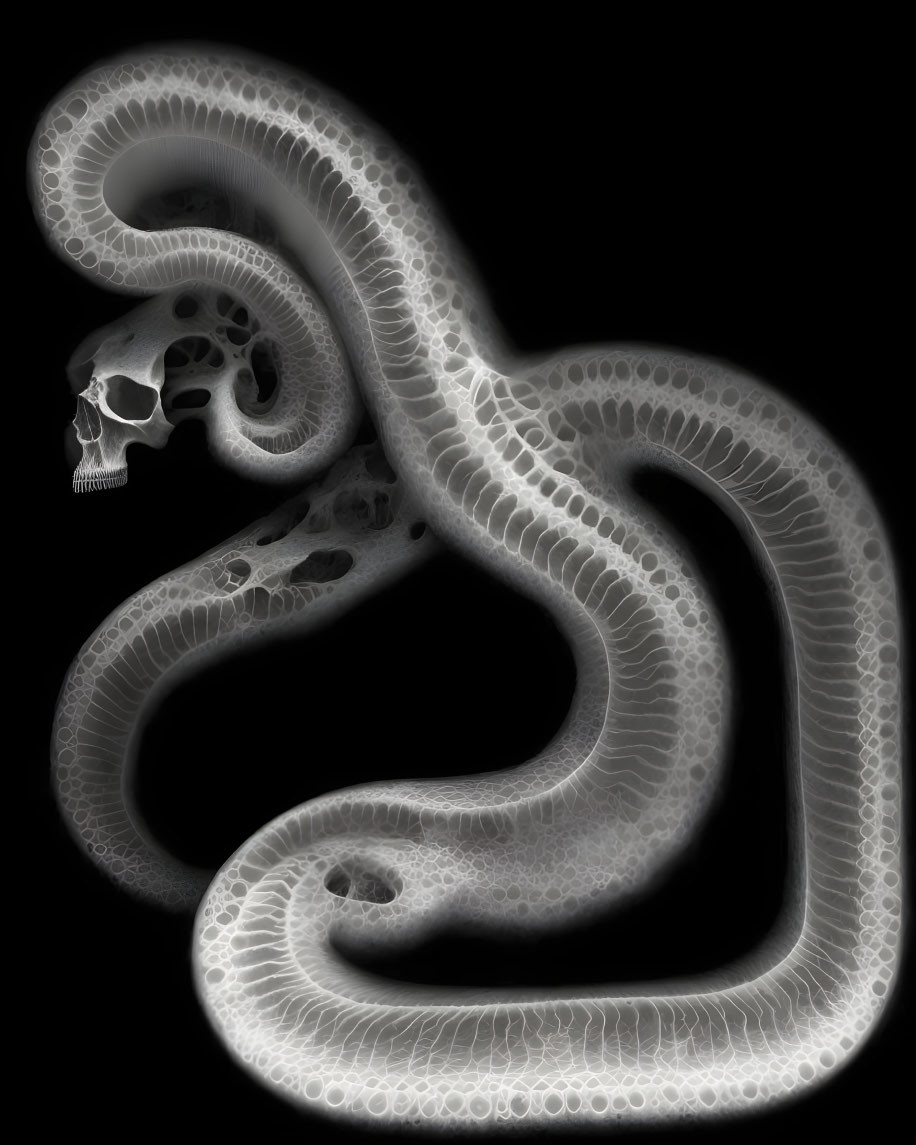 Translucent serpentine figure with human skull head on black background