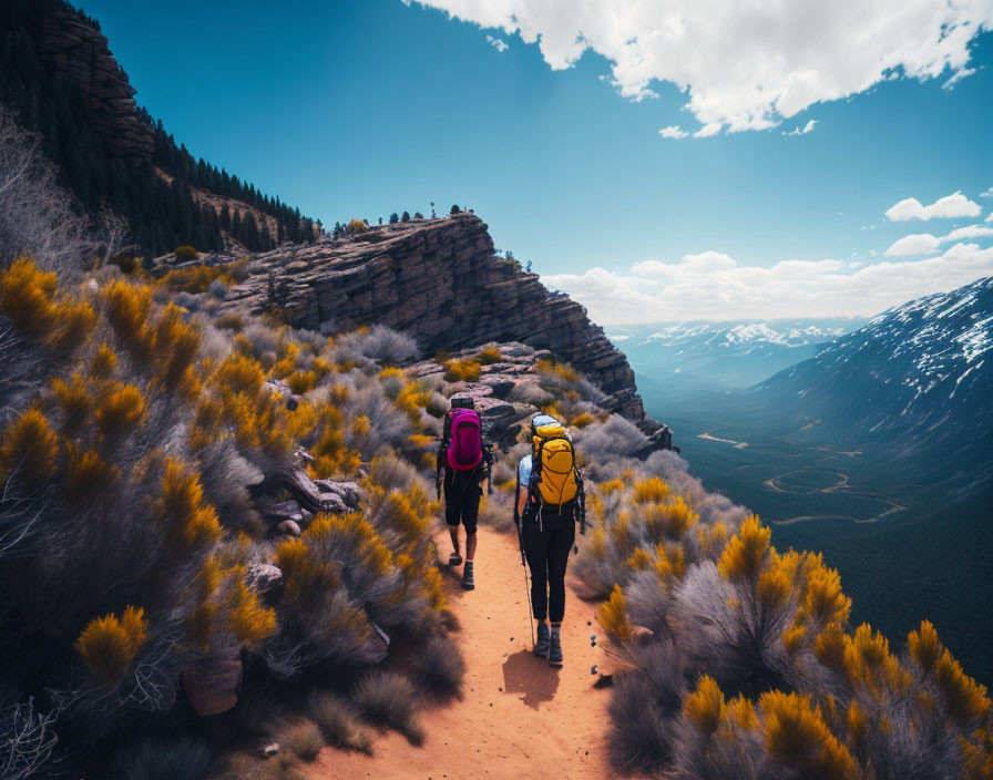 Hikers trek mountain trail under blue skies and fluffy clouds