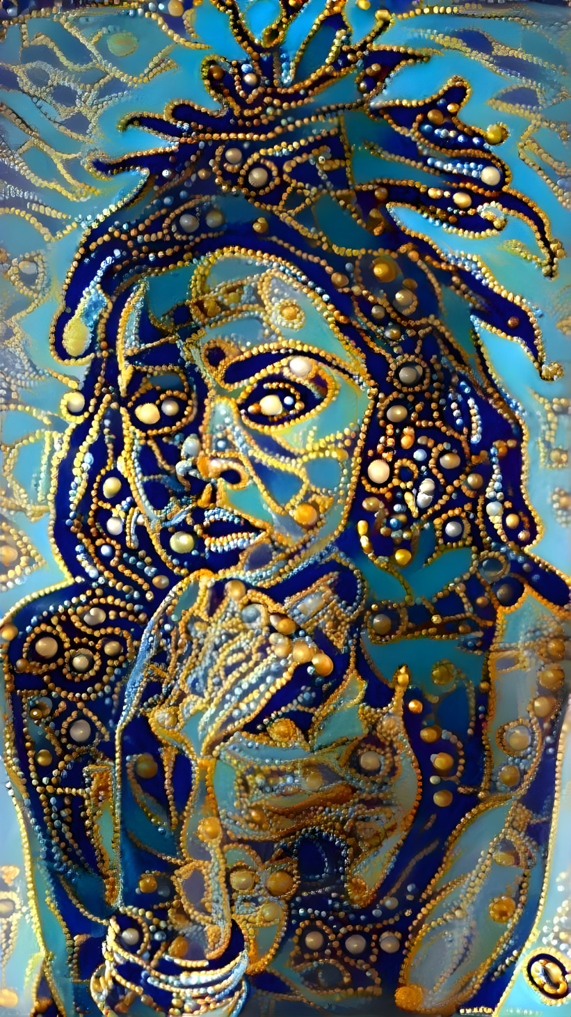 lauryn hill, blue, gold, aqua, jeweled painting