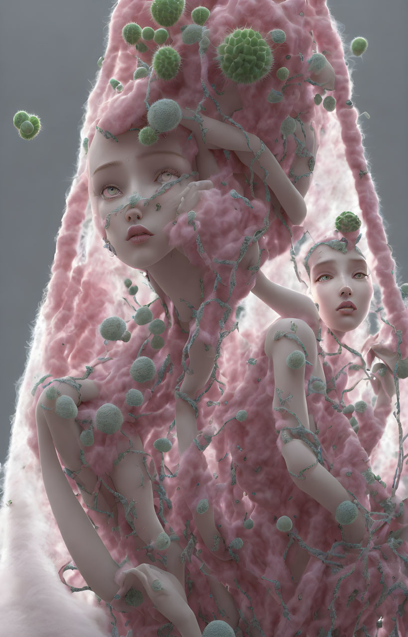 Surreal Image: Figures with Pink Skin and Green Globules