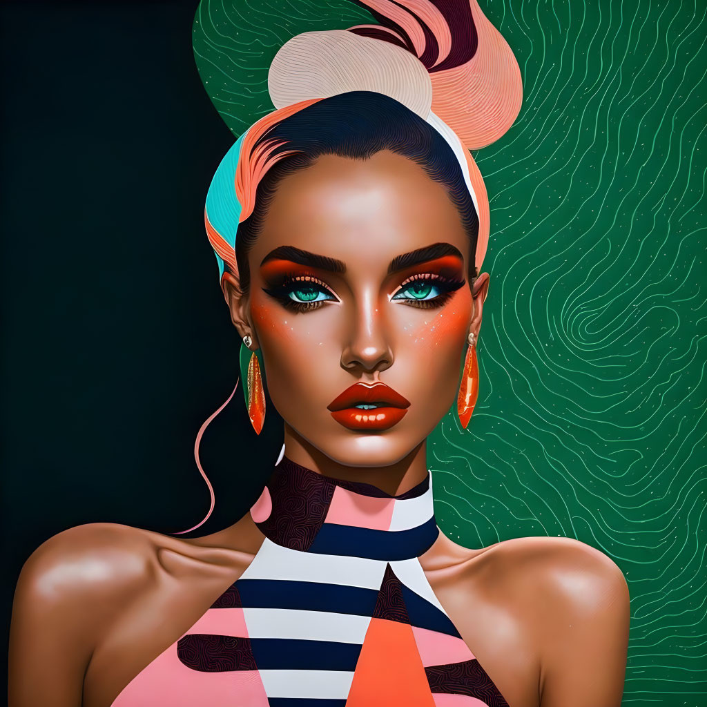 Stylized woman with blue eyes, bold makeup, colorful hair & earrings on dark green background