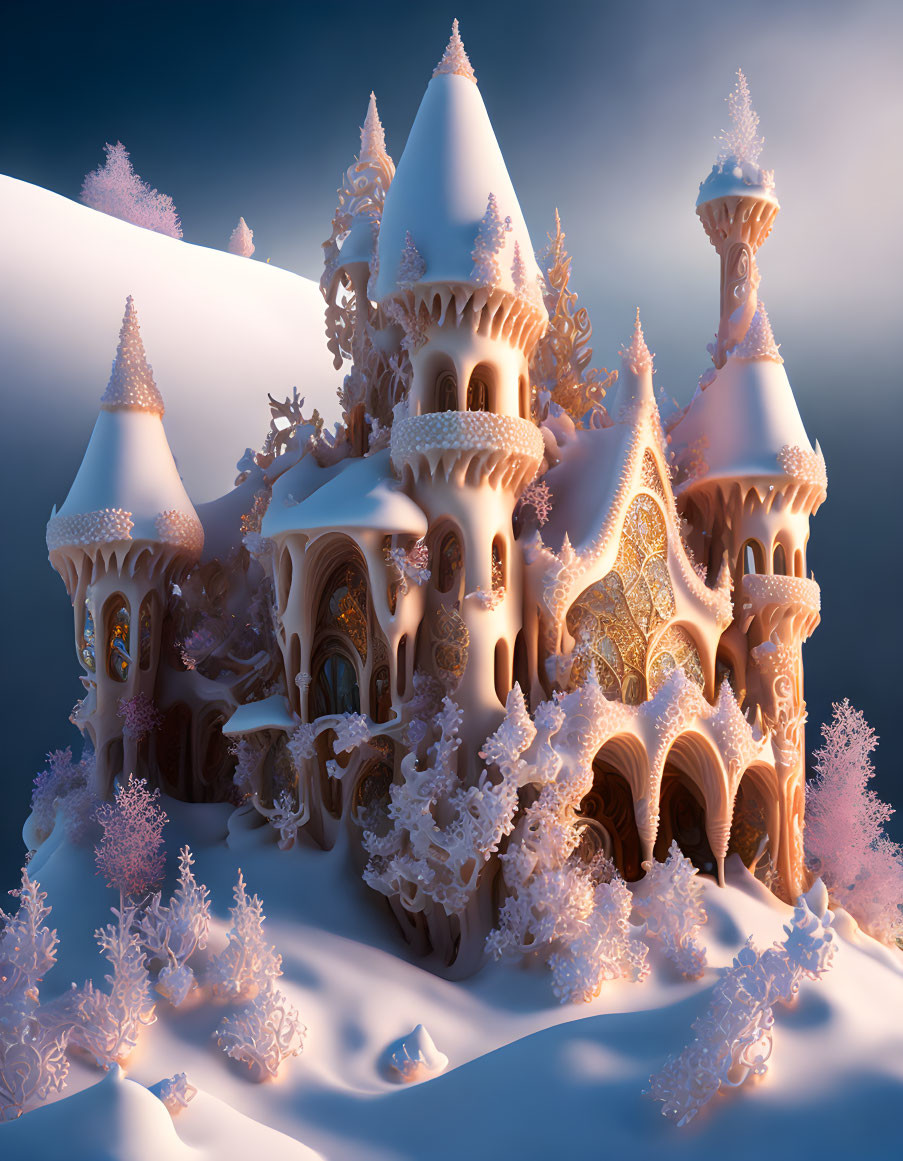 Snow-covered castle with ornate towers in serene winter landscape