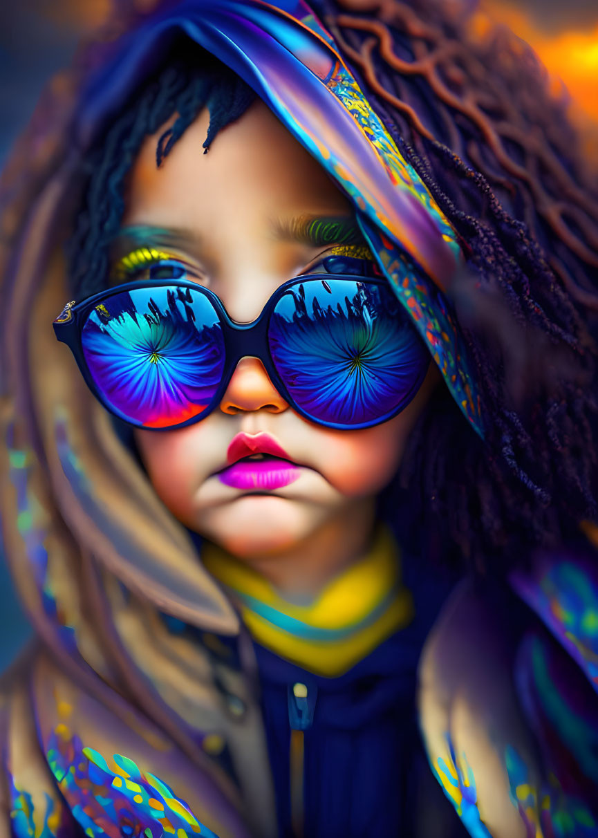 Vibrant portrait of child with sunglasses and artistic patterns