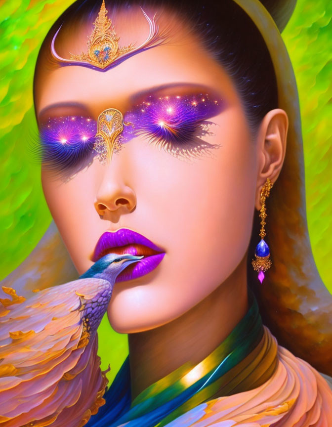 Digital portrait of a woman with ornate headpiece and glowing purple eyes