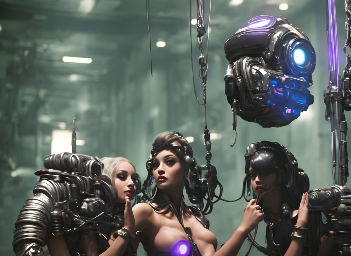 Three Female Androids in Futuristic Scene with Sleek Design and Glowing Elements