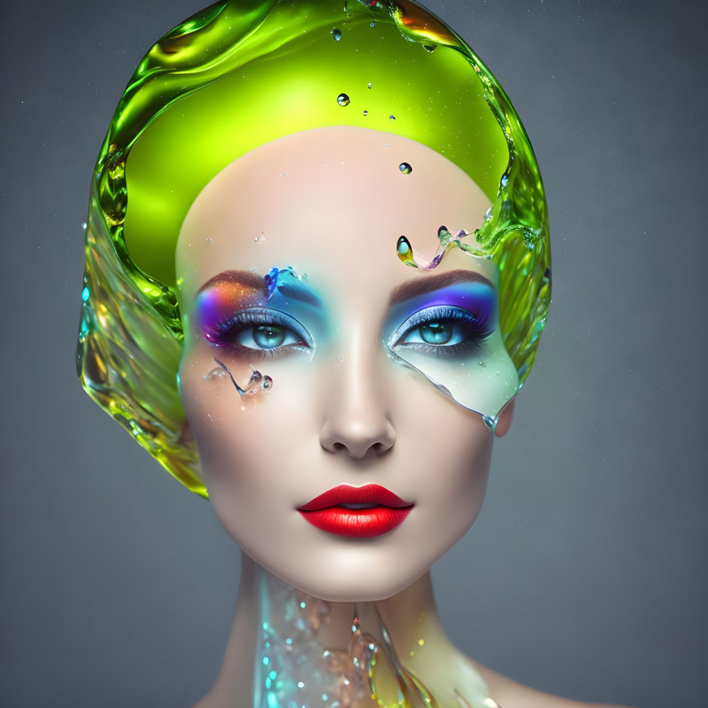 Vibrant makeup and liquid splash create sculpted headpiece illusion