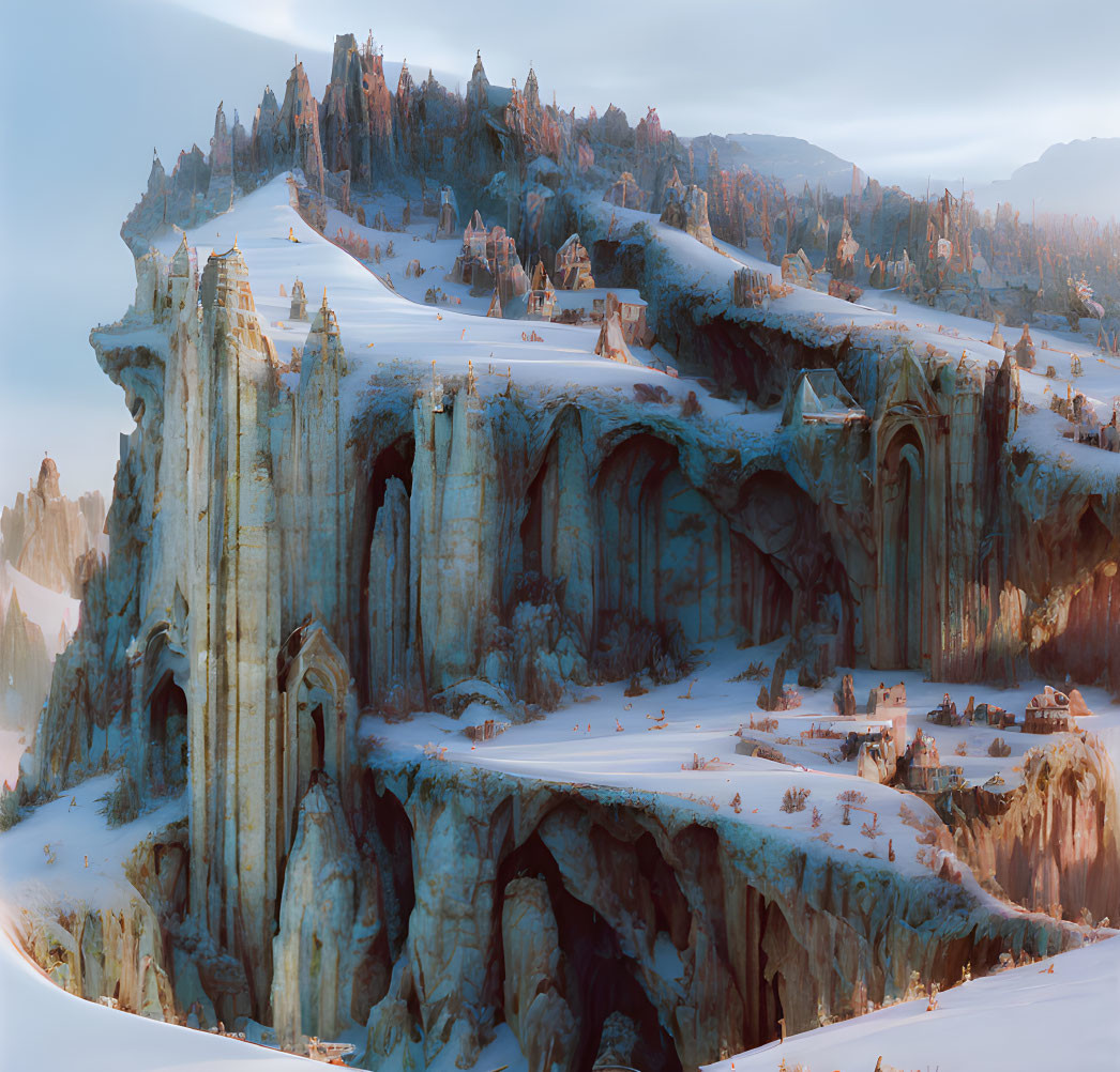 Snow-covered cliffs and towering rock formations in serene winter landscape