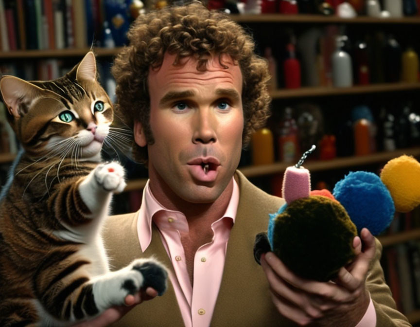 Curly-haired man with yarn balls and playful tabby cat