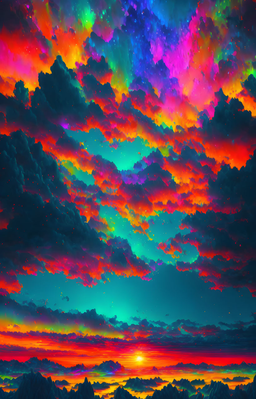 Colorful surreal sky over silhouetted mountains with clouds and sun hint