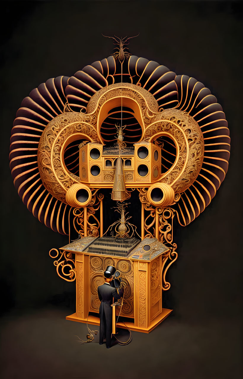 Steampunk-inspired gramophone machine with intricate golden designs