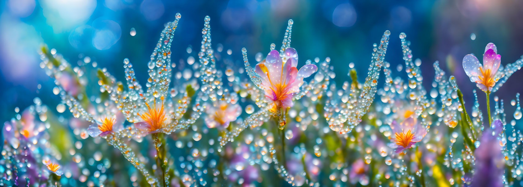 Colorful Dewy Flowers in Bokeh Light Background