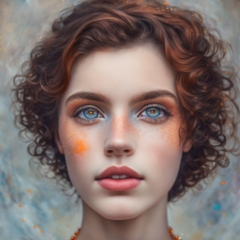 Woman with Blue Eyes and Curly Auburn Hair, Freckles, and Glitters - Dreamy